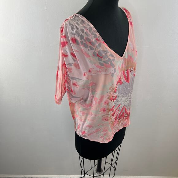 S.Y.L.K. Pink XS Flutter Top Silk Tie Dye Print V-Neck Dolman Sleeve Pullover - Picture 5 of 9